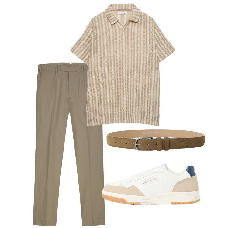 Outfit uomo - Eleganza rilassata. Stile Casual per Tutti i giorni. Abbinamento con sneakers, polo, pantaloni, cinture.