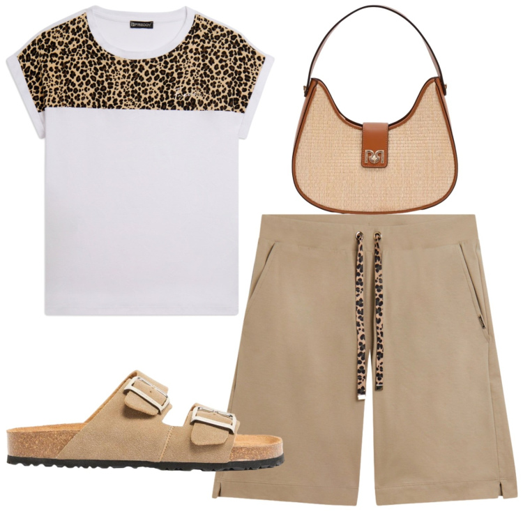 Outfit donna - Casual. Stile Casual per Tutti i giorni. Abbinamento con ciabatte, bermuda, t-shirt, borse a spalla.