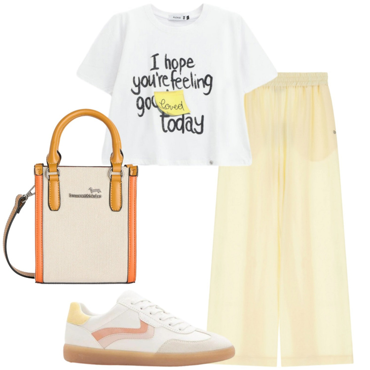 Outfit donna - Total look #2426067. Stile Casual per Tutti i giorni. Abbinamento con sneakers, borse tote, pantaloni, t-shirt.