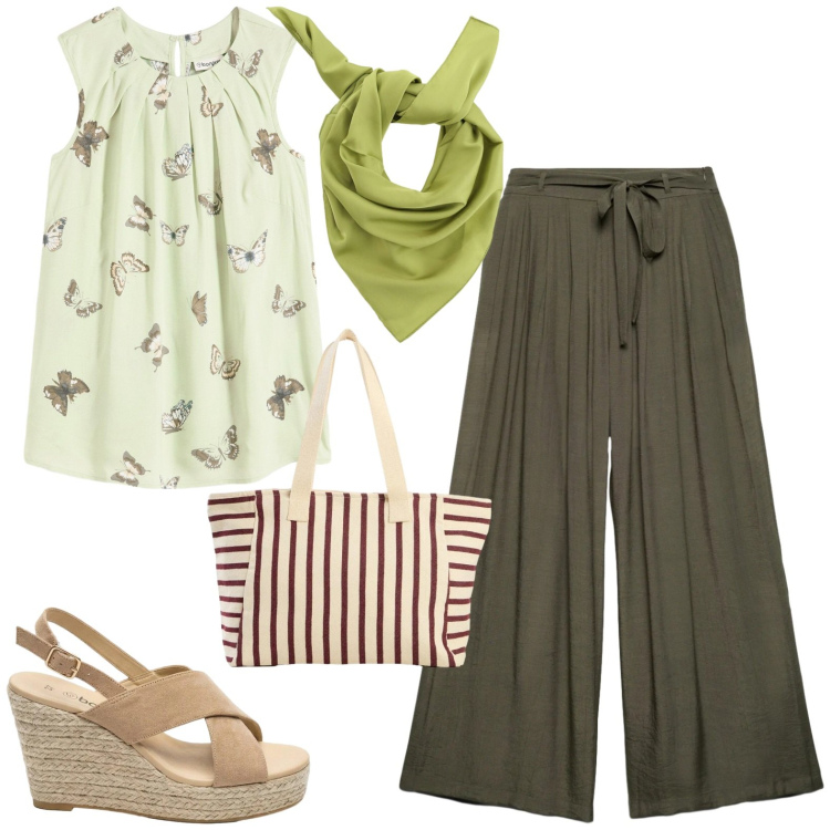 Outfit donna - Total look #2426068. Stile Casual per Tutti i giorni. Abbinamento con top, sandali col tacco, shopping bag, pantaloni, foulard.