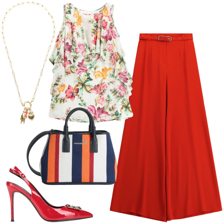 Outfit donna - In città. Stile Casual chic per Tutti i giorni. Abbinamento con décolleté, shopping bag, pantaloni a palazzo, vestiti corti, ciondoli.