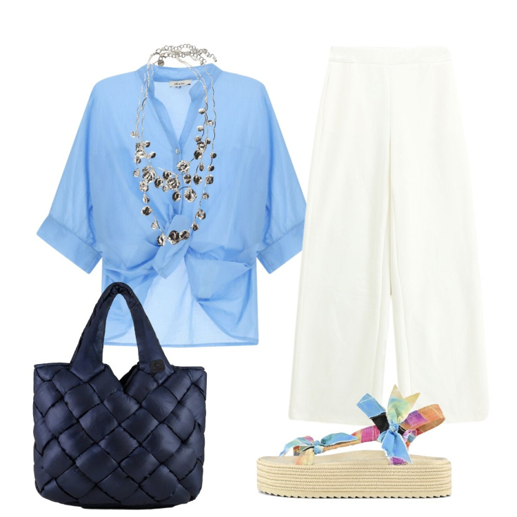 Outfit donna - Total look #2426072. Stile Casual chic per Tutti i giorni. Abbinamento con pantaloni a palazzo, camicie, collane, borse tote, sandali.