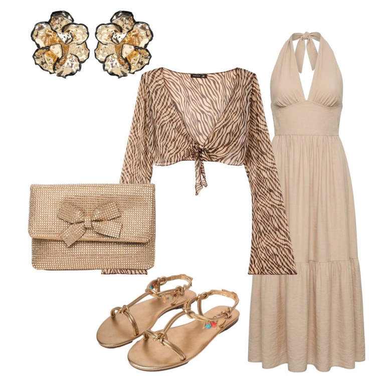 Outfit donna - Serata d’estate. Stile Glamour per Serata fuori. Abbinamento con vestiti lunghi, blazer, orecchini, clutch, sandali in pelle.