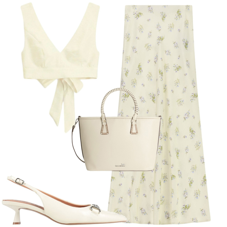 Outfit donna - Giugno. Stile Casual chic per Tutti i giorni. Abbinamento con décolleté, gonne lunghe, top, shopping bag.