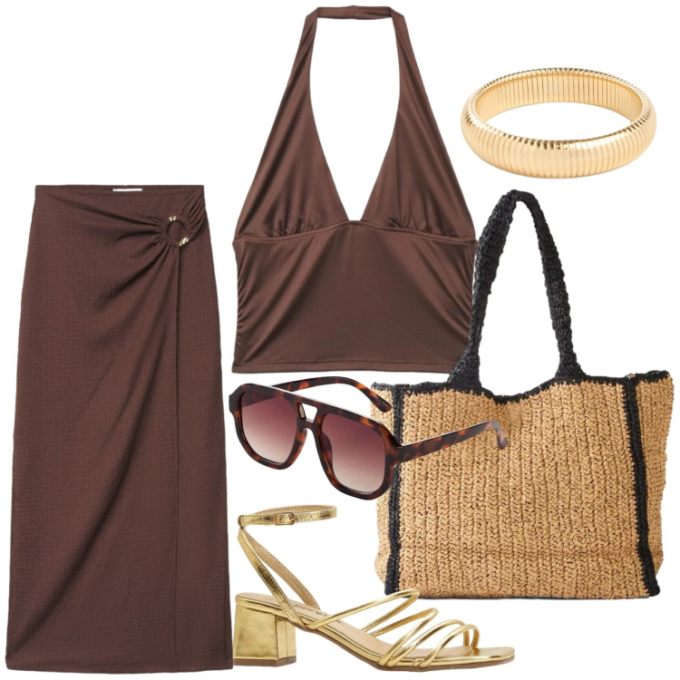 Outfit donna - Emozioni brown. Stile Casual per Tutti i giorni. Abbinamento con sandali col tacco, occhiali da sole, braccialetti, shopping bag, gonne lunghe, top.