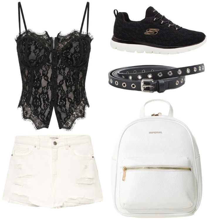Outfit donna - Vacanza rock. Stile Rock per Tutti i giorni. Abbinamento con sneakers, cinture, shorts, top, zaini.