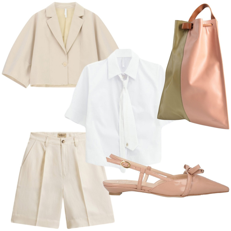 Outfit donna - Blazer mini. Stile Casual per Ufficio. Abbinamento con ballerine, zaini, camicie a manica corta, blazer, pantaloni corti.