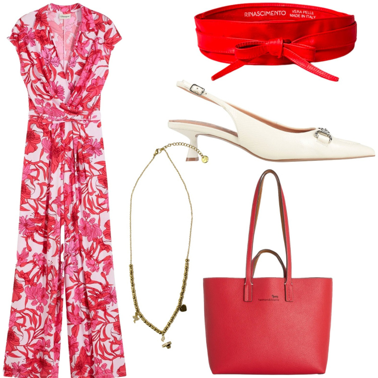 Outfit donna - Tuta fantasia. Stile Casual per Ufficio. Abbinamento con décolleté, tute, shopping bag, cinture, ciondoli.