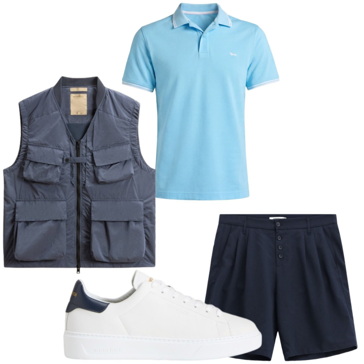 Outfit uomo - Stile coastal. Stile Casual per Tutti i giorni. Abbinamento con polo, gilet, sneakers, bermuda.
