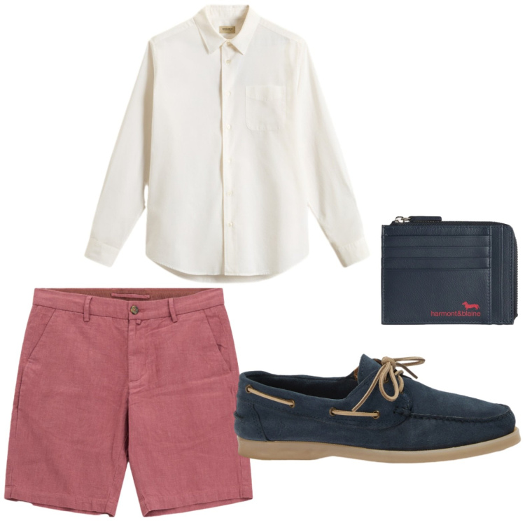 Outfit uomo - Prime notti d’estate. Stile Trendy per Tutti i giorni. Abbinamento con scarpe stringate, portamonete, camicie, bermuda.