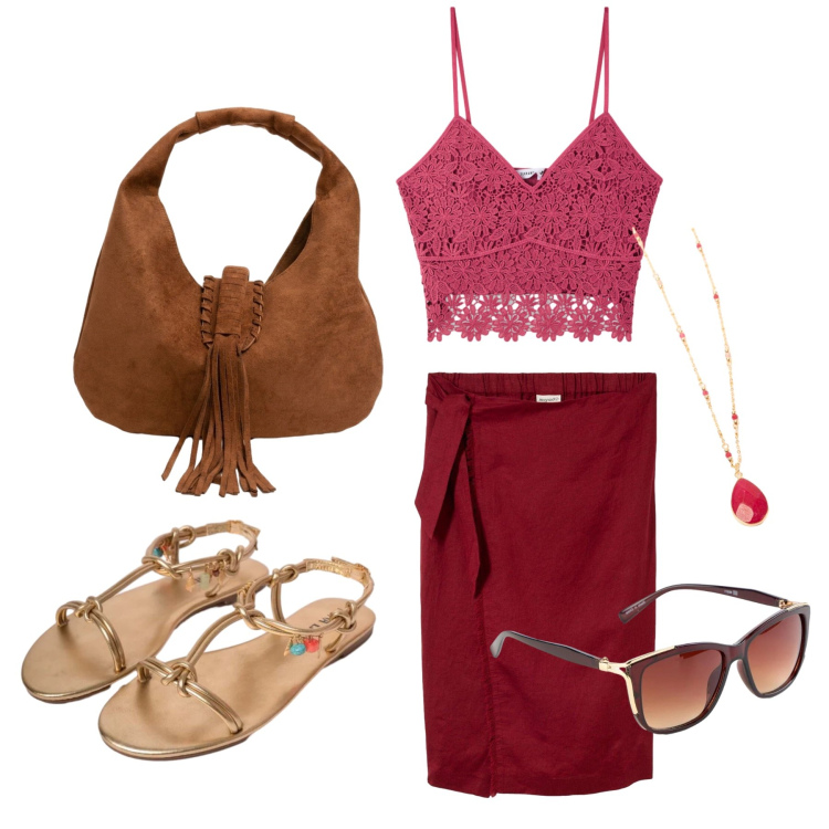Outfit donna - Giugno. Stile Trendy per Tutti i giorni. Abbinamento con occhiali da sole, gonne longuette, top, sandali in pelle, collane, borse a spalla.