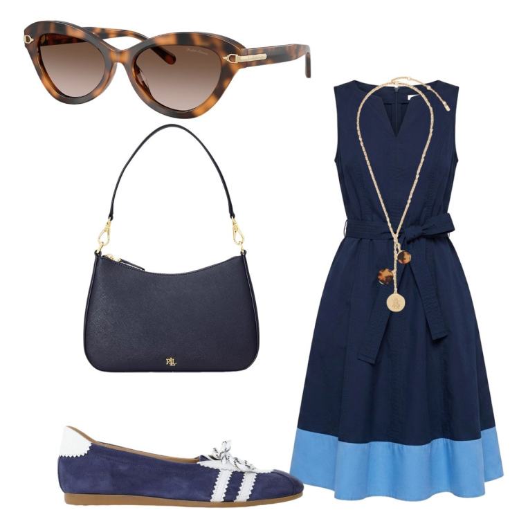 Outfit donna - Buon inizio di settimana. Stile Chic per Ufficio. Abbinamento con ballerine, vestiti senza maniche, collane, borse a spalla, occhiali da sole.