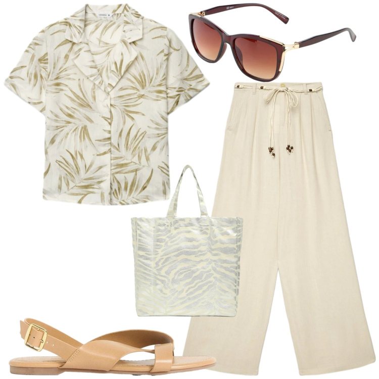 Outfit donna - Total look #2426178. Stile Casual per Tutti i giorni. Abbinamento con occhiali da sole, sandali, pantaloni, shopping bag, camicie a manica corta.