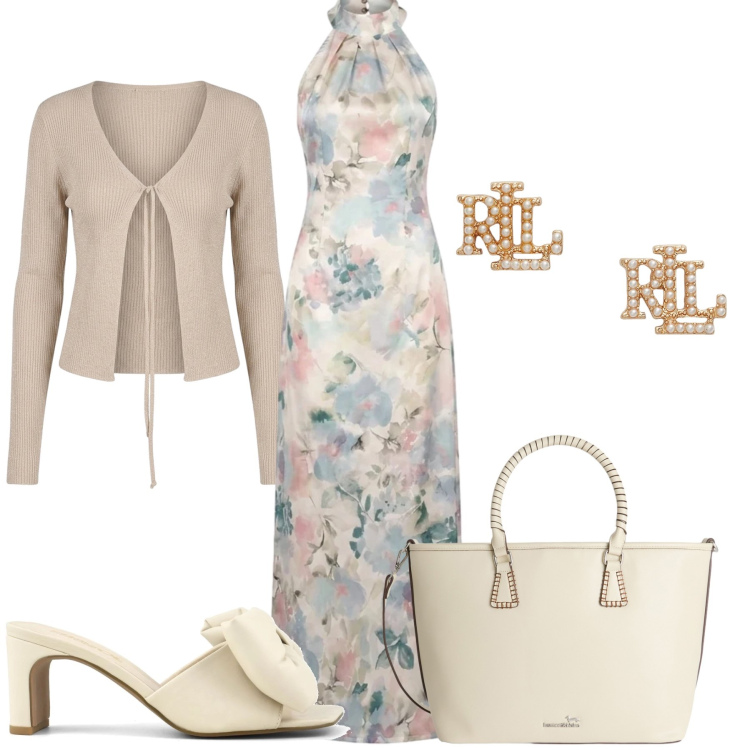 Outfit donna - Total look #2426180. Stile Casual chic per Serata fuori. Abbinamento con shopping bag, vestiti lunghi, cardigans, orecchini, sandali col tacco.