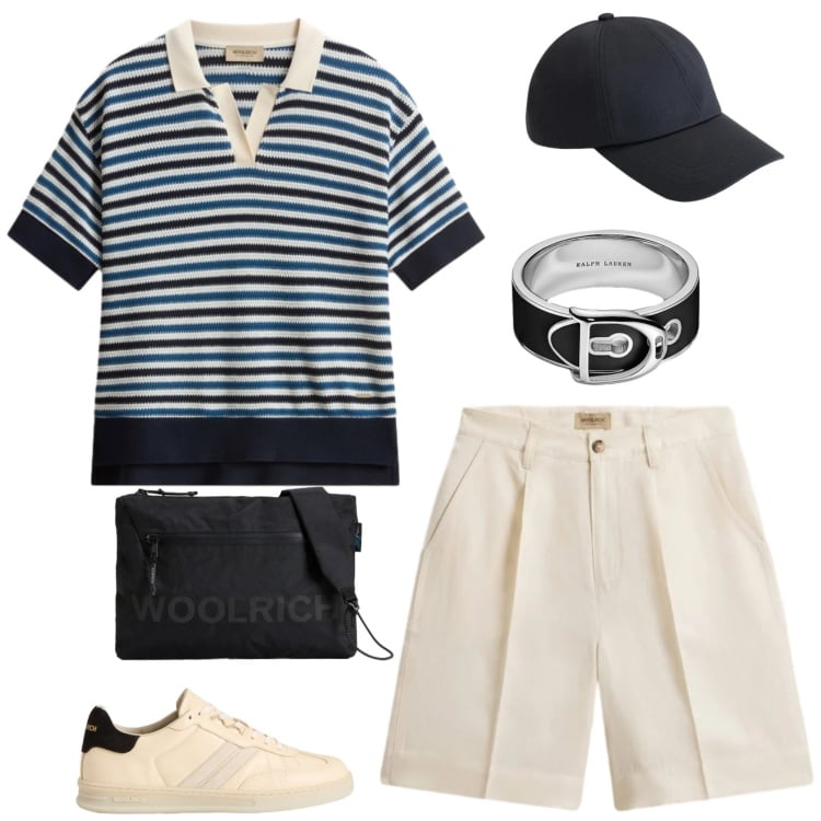 Outfit donna - Siti archeologici. Stile Mannish per Tutti i giorni. Abbinamento con anelli, pantaloni corti, borse a tracolla, cappelli, sneakers, polo.