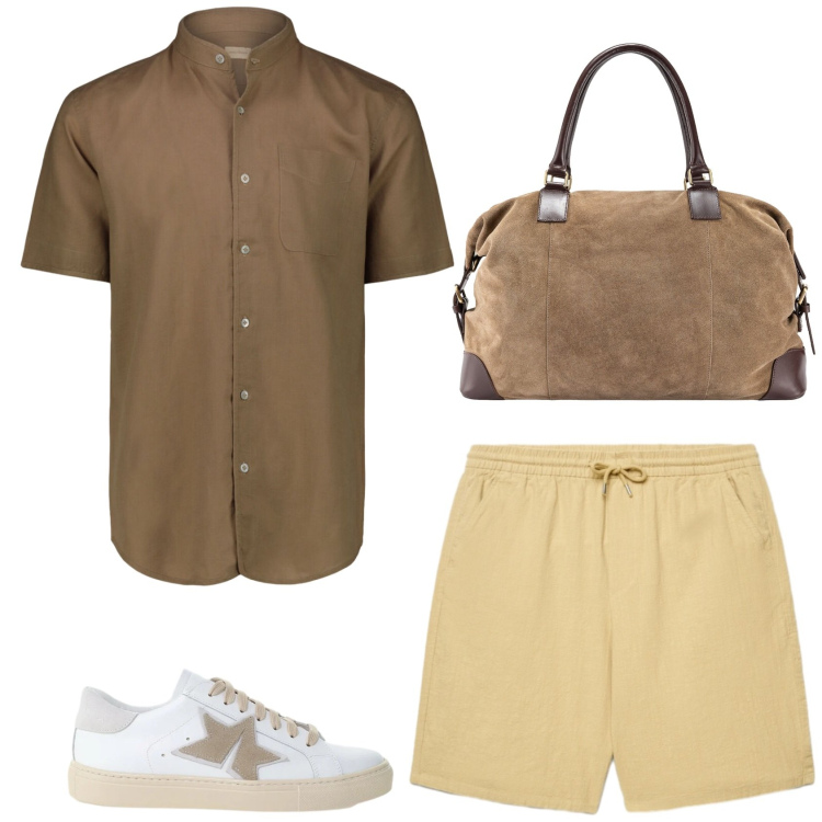 Outfit uomo - Un giro sulla costa. Stile Trendy per Mare. Abbinamento con shorts, borse sportive, camicie a manica corta, sneakers.