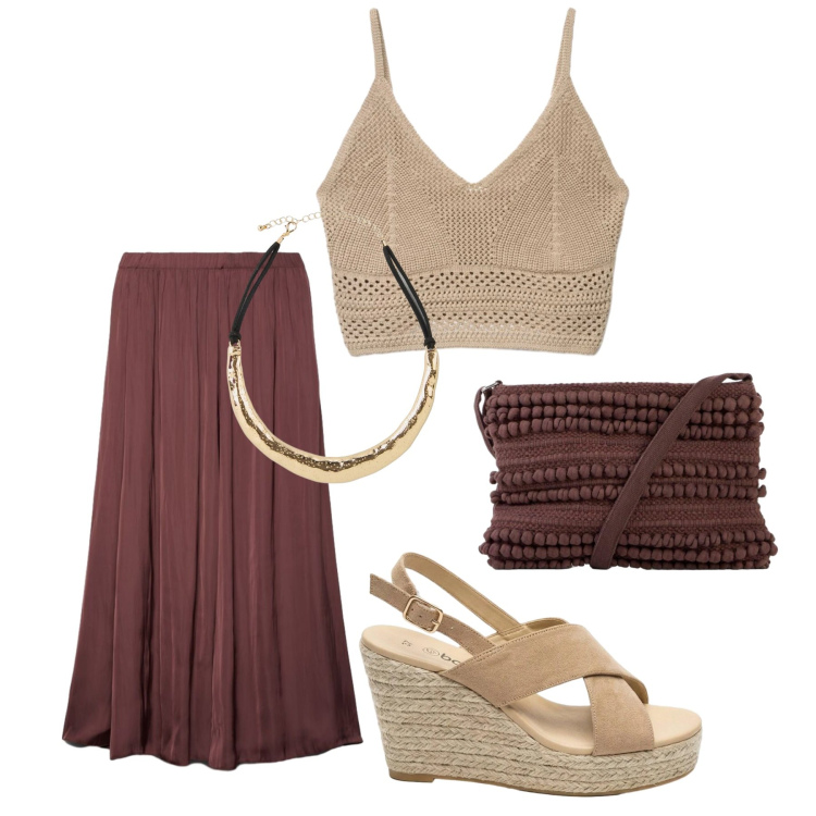 Outfit donna - Total look #2426190. Stile Basic per Tutti i giorni. Abbinamento con sandali col tacco, borse a tracolla, collane, top, gonne longuette.