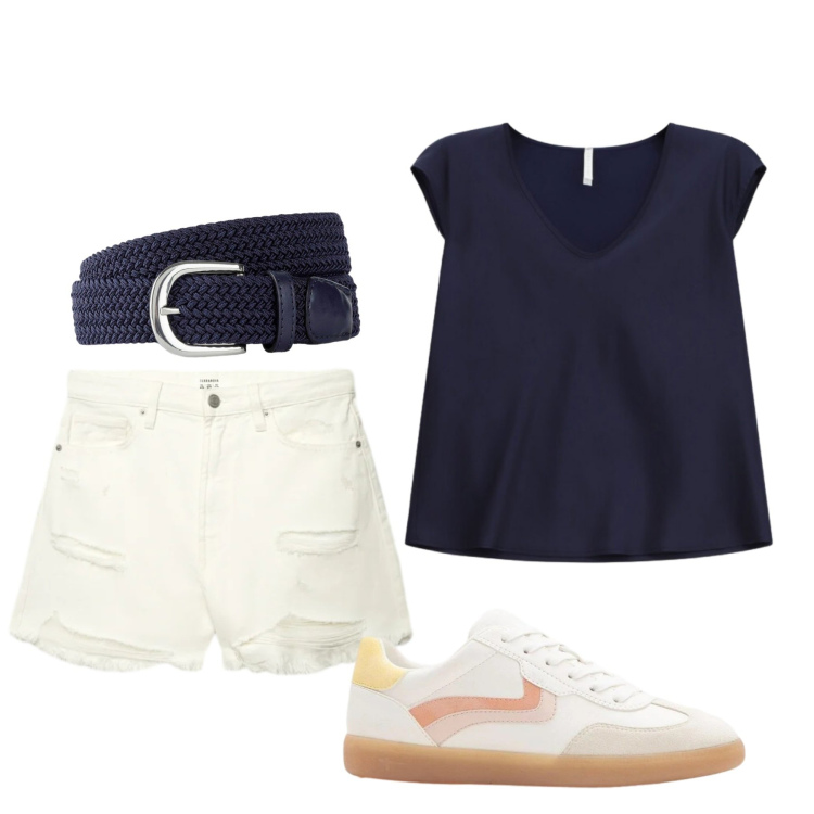 Outfit donna - Semplice. Stile Basic per Tutti i giorni. Abbinamento con cinture, sneakers, shorts, top.