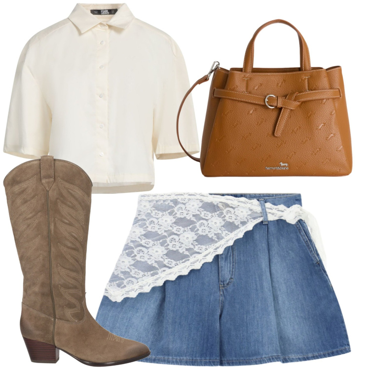Outfit donna - City. Stile Trendy per Tutti i giorni. Abbinamento con stivali, camicie a manica corta, borse a mano, shorts.