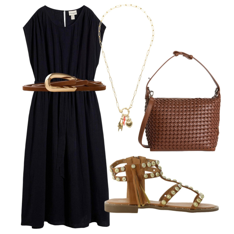 Outfit donna - Total look #2426198. Stile Etnico per Tutti i giorni. Abbinamento con vestiti midi/longuette, cinture, borse a spalla, sandali, ciondoli.