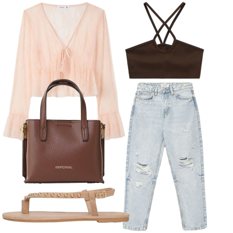Outfit donna - Total look #2426201. Stile Minimal per Tutti i giorni. Abbinamento con ciabatte, bluse, jeans mom, top, borse a tracolla.