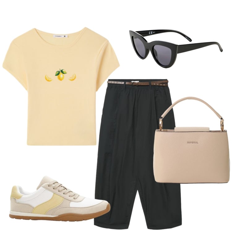 Outfit donna - Total look #2426205. Stile Basic per Tutti i giorni. Abbinamento con sneakers, occhiali da sole, pantaloni, t-shirt, borse a secchiello.