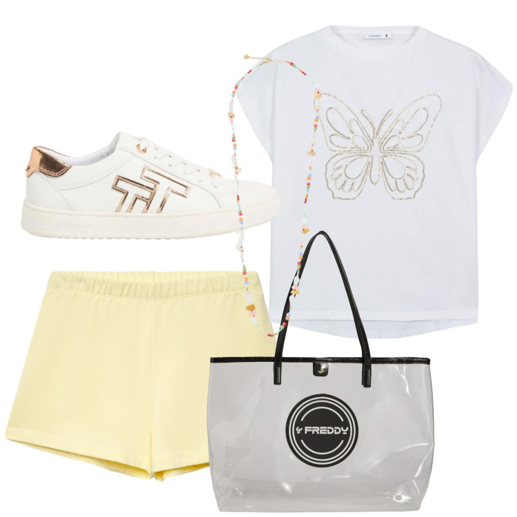 Outfit donna - Total look #2426208. Stile Sporty chic per Sport. Abbinamento con sneakers, t-shirt, shorts, collane, shopping bag.