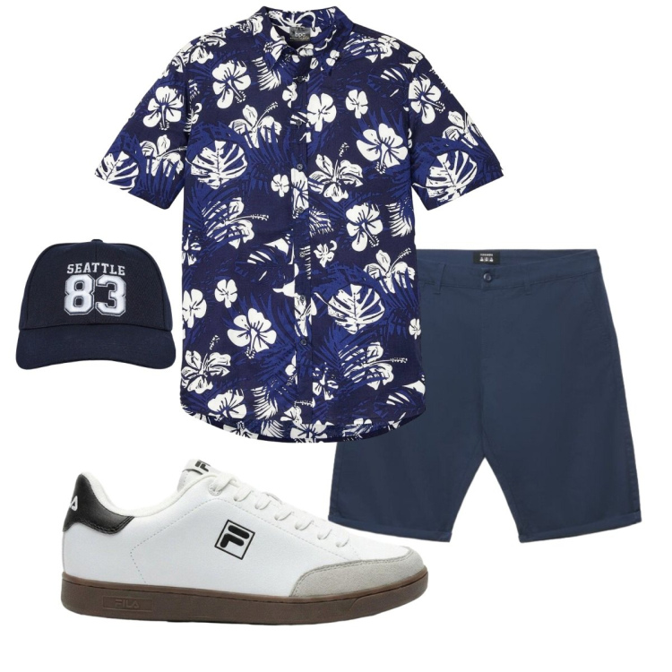 Outfit uomo - Total look #2426215. Stile Trendy per Tutti i giorni. Abbinamento con sneakers, camicie a manica corta, cappelli, pantaloni corti.