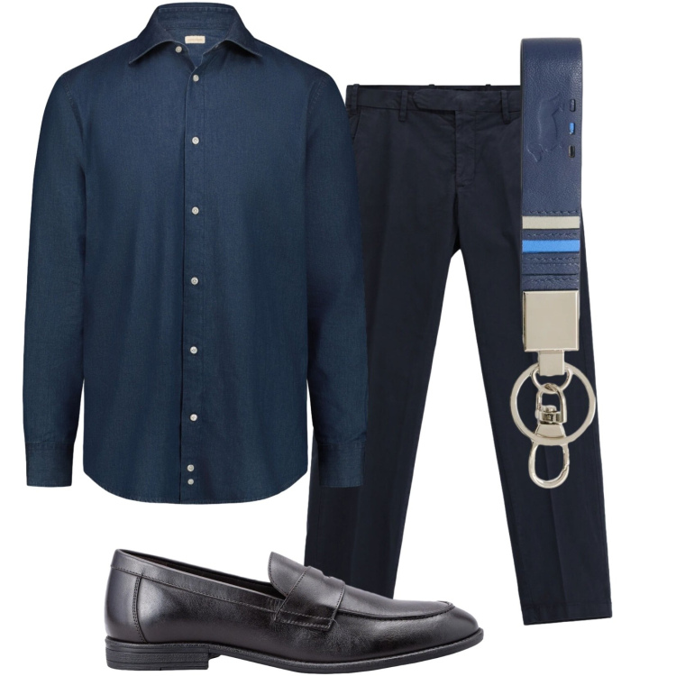 Outfit uomo - Ufficio blu. Stile Business/Elegante per Ufficio. Abbinamento con portachiavi, camicie, scarpe stringate, pantaloni.