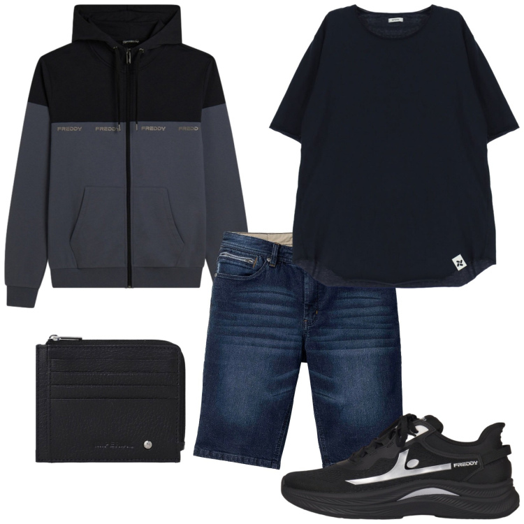 Outfit uomo - Notte in estate. Stile Urban per Tutti i giorni. Abbinamento con bermuda, felpe con cappuccio, sneakers, t-shirt, portafogli.