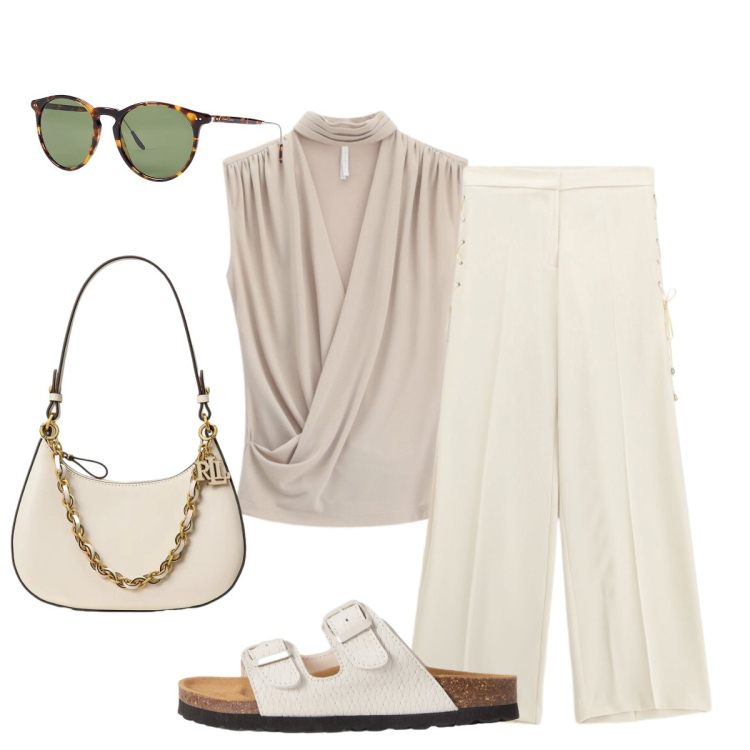 Outfit donna - In città. Stile Glamour per Tutti i giorni. Abbinamento con top, pantaloni, occhiali da sole, borse a spalla, sandali in pelle.