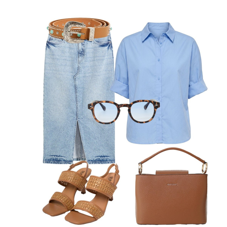 Outfit donna - Total look #2426234. Stile Minimal per Ufficio. Abbinamento con gonne longuette, cinture, borse a secchiello, occhiali da sole, sandali in pelle, camicie a manica corta.