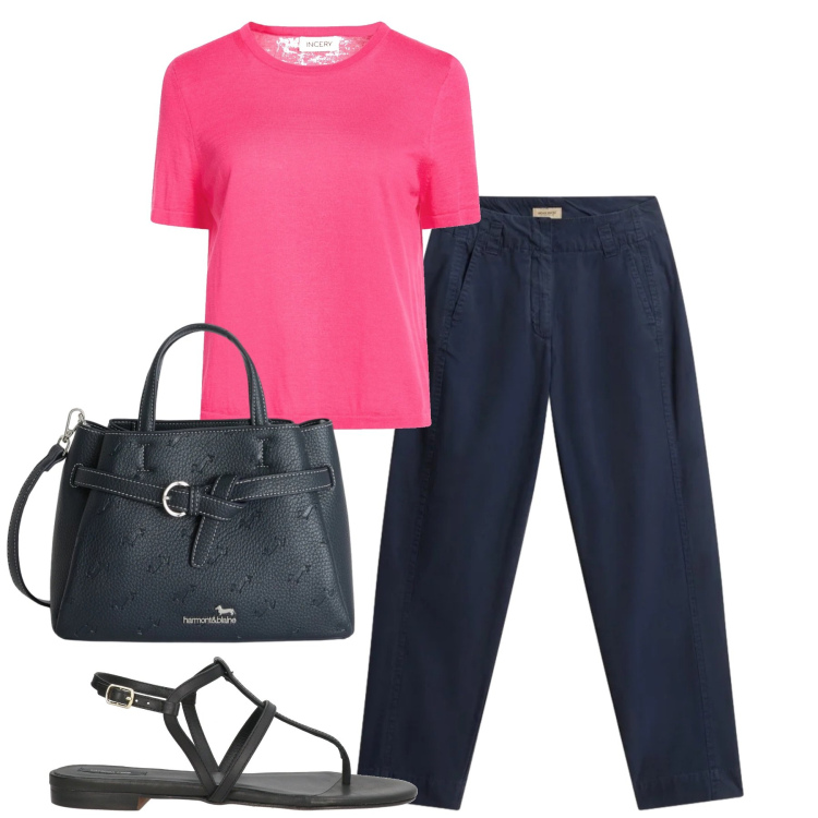 Outfit donna - City. Stile Casual chic per Tutti i giorni. Abbinamento con pullovers, infradito, borse a mano, pantaloni.