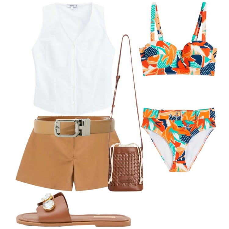Outfit donna - Al mare con stile. Stile Trendy per Mare. Abbinamento con bikini, borse a secchiello, sandali gioiello, shorts, cinture, camicie.