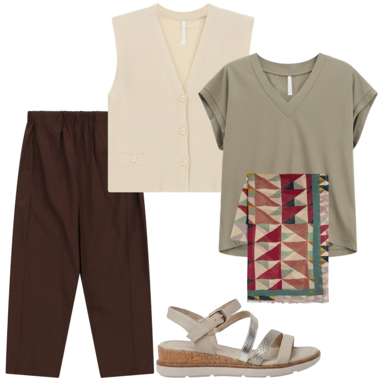 Outfit donna - Oggi così. Stile Casual per Tutti i giorni. Abbinamento con sandali, sciarpe, top, gilet, pantaloni.