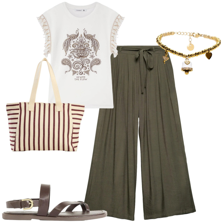 Outfit donna - City. Stile Casual chic per Tutti i giorni. Abbinamento con sandali, shopping bag, t-shirt, pantaloni, braccialetti.