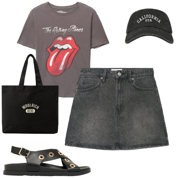 Outfit donna - Giugno. Stile Casual per Tutti i giorni. Abbinamento con sandali, minigonne, cappelli con visiera, t-shirt, borse tote.