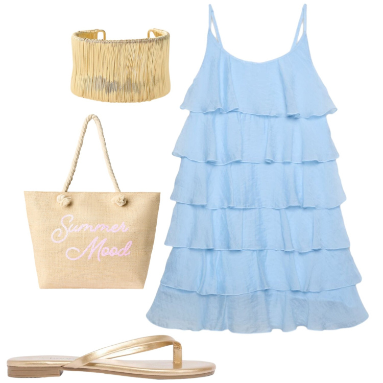 Outfit donna - Al mare. Stile Casual chic per Mare. Abbinamento con sandali, vestiti corti, borse tote, braccialetti.