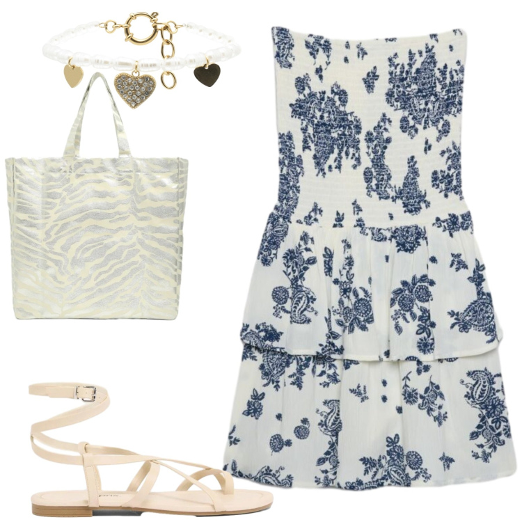 Outfit donna - Al mare. Stile Casual per Mare. Abbinamento con sandali, vestiti corti, shopping bag, braccialetti.
