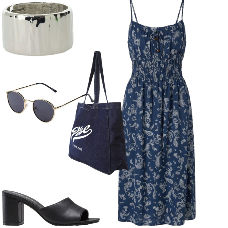 Outfit donna - Comoda e fresca. Stile Casual chic per Tutti i giorni. Abbinamento con sandali col tacco, occhiali da sole, vestiti lunghi, shopping bag, braccialetti.