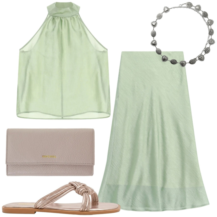 Outfit donna - Serata. Stile Casual chic per Serata fuori. Abbinamento con cinture, sandali, gonne longuette, portafogli, top.