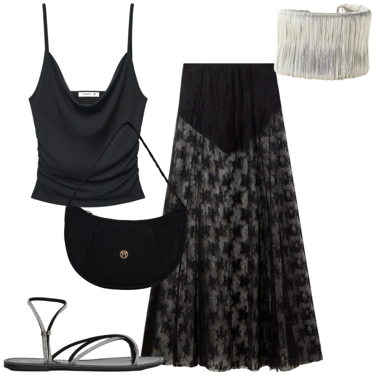Outfit donna - Serata. Stile Trendy per Serata fuori. Abbinamento con sandali, top, gonne lunghe, braccialetti, borse a mano.
