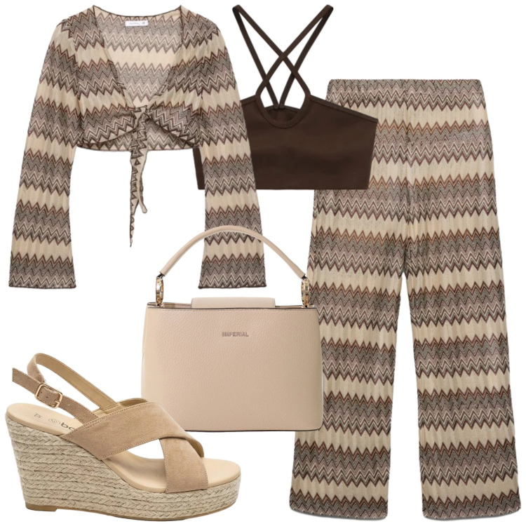 Outfit donna - Sera al mare. Stile Trendy per Mare. Abbinamento con sandali col tacco, blazer, pantaloni, top, borse a secchiello.