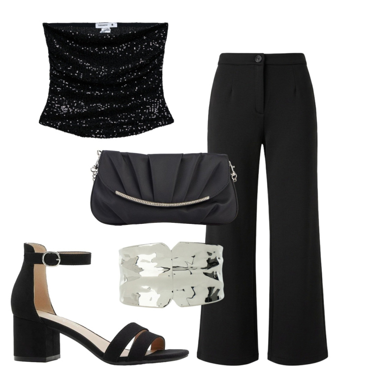 Outfit donna - Serata. Stile Casual chic per Serata fuori. Abbinamento con sandali col tacco, clutch, top, pantaloni, braccialetti.