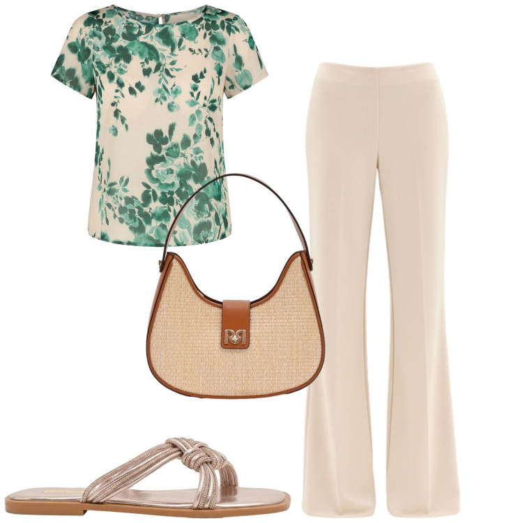 Outfit donna - In ufficio. Stile Casual chic per Ufficio. Abbinamento con bluse, pantaloni a palazzo, sandali, borse a spalla.