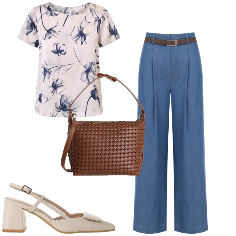Outfit donna - In ufficio. Stile Urban per Ufficio. Abbinamento con borse a spalla, pantaloni a palazzo, t-shirt, décolleté.