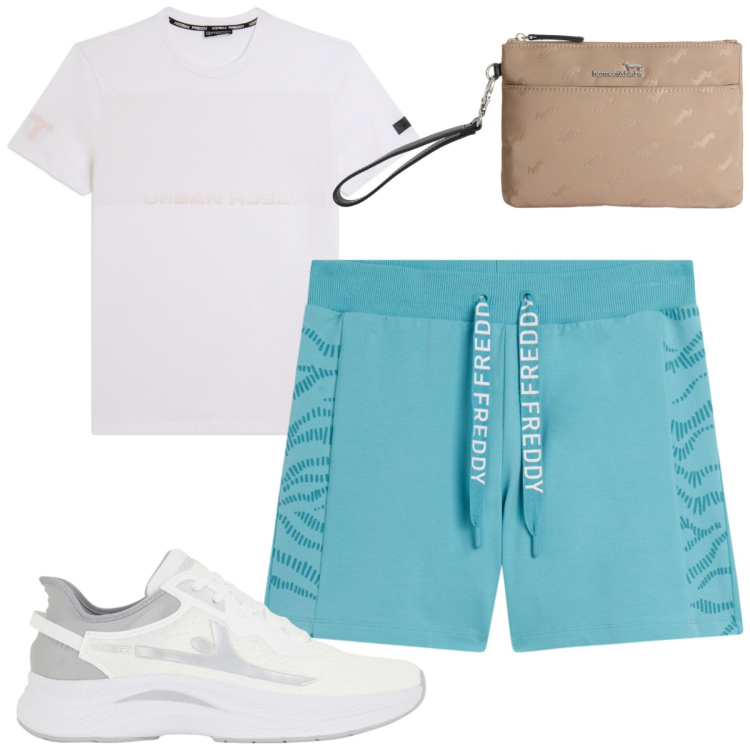Outfit uomo - Al mare. Stile Casual per Mare. Abbinamento con borse sportive, shorts, t-shirt, sneakers.