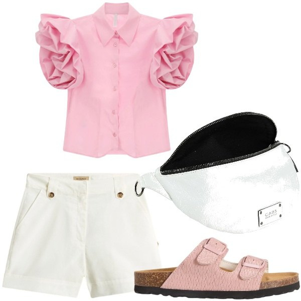 Outfit donna - casual. Stile Casual per Tutti i giorni. Abbinamento con marsupi, camicie a manica corta, pantaloni corti, sandali in pelle.