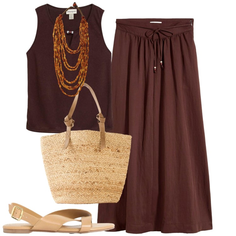 Outfit donna - Al mare. Stile Casual chic per Mare. Abbinamento con canottiere, shopping bag, sandali, gonne lunghe, collane.