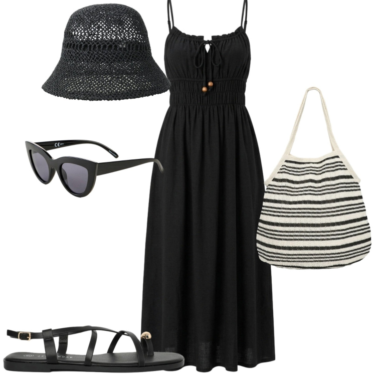 Outfit donna - Al mare. Stile Casual chic per Mare. Abbinamento con occhiali da sole, vestiti lunghi, shopping bag, sandali, cappelli.